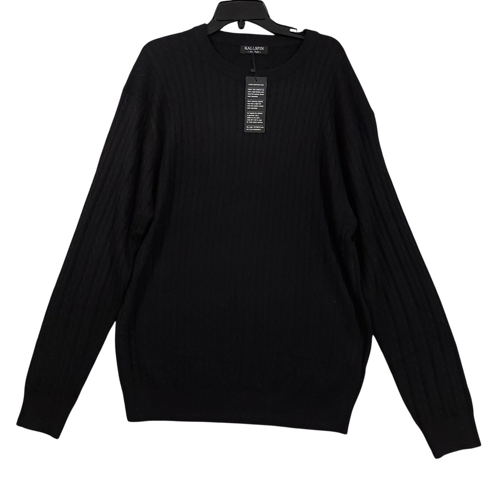 KALLSPIN Sweater Mens XL‎ Tall Black Cable Knit Crewneck Wool Blend Pullover